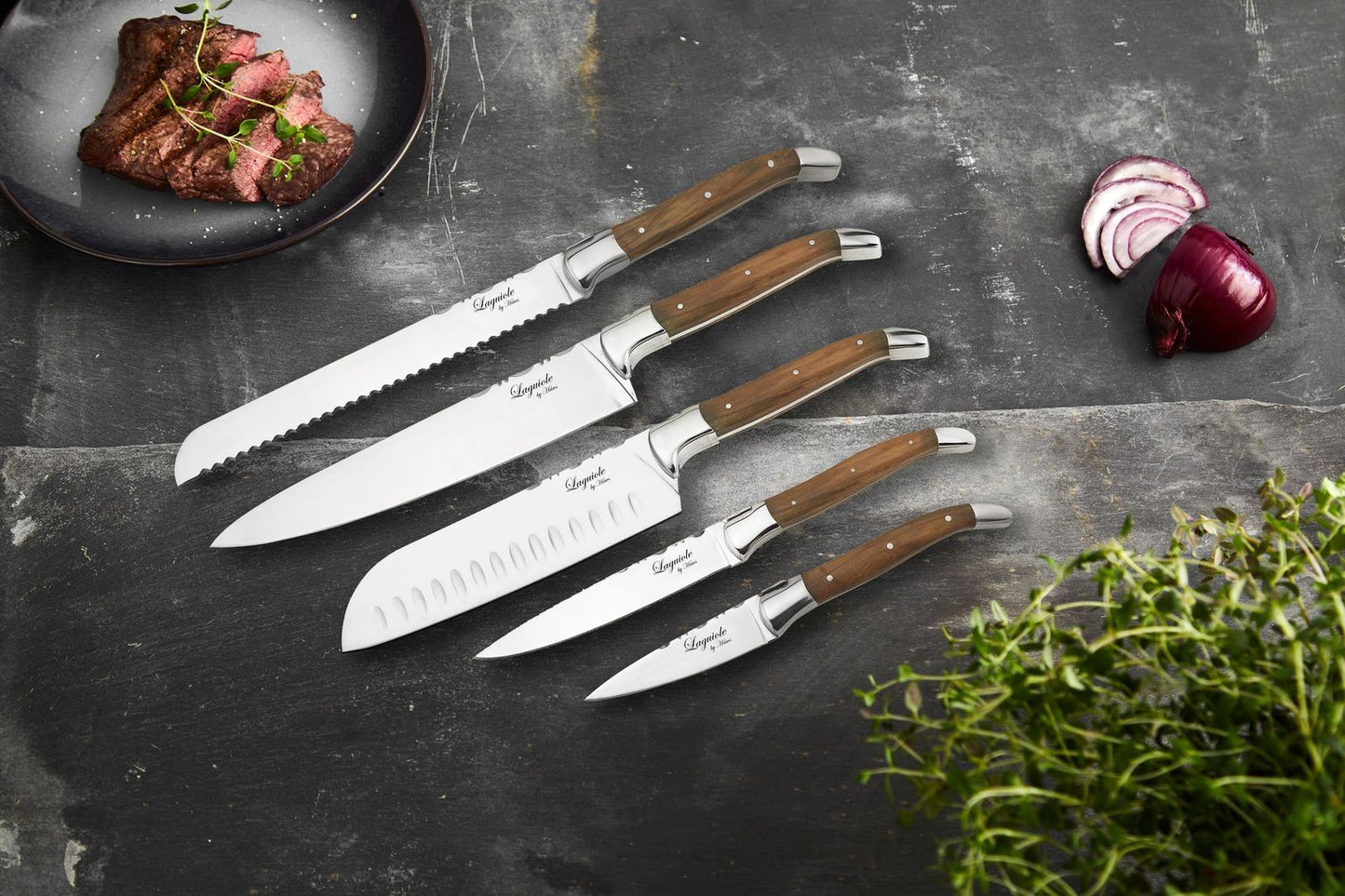 Laguiole By Hâws 5 Knives Set, Bread, Chef, Herbs, Santoku And Vegetable Olive