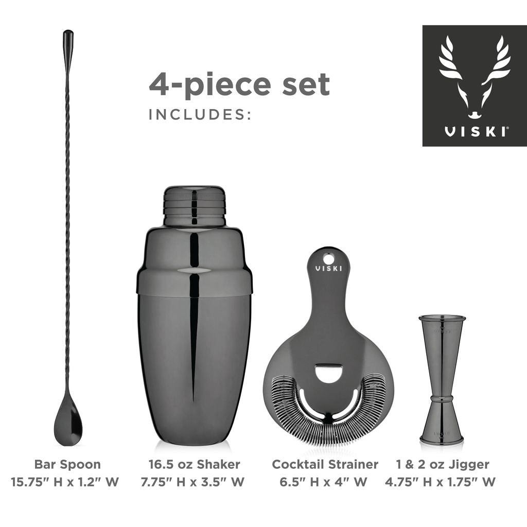 Viski Bartenderset Gunmetal 4 Delar - Cocktailset Shaker Rostfritt Stål