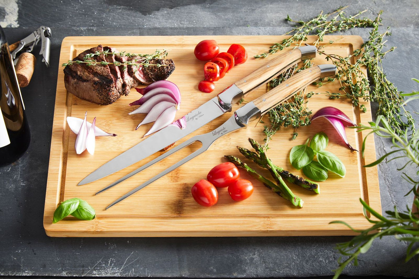Laguiole By Hâws Carving Knife And Fork Set W/ Cutting Board Olive