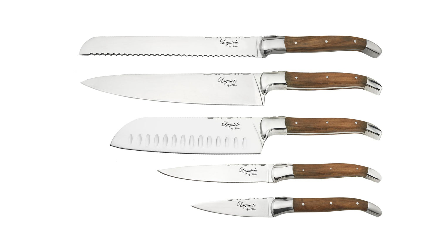 Laguiole By Hâws 5 Knives Set, Bread, Chef, Herbs, Santoku And Vegetable Olive