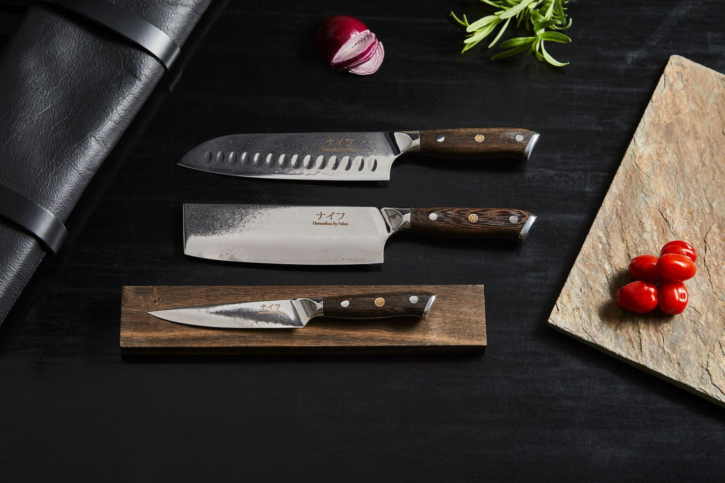 Damascus By Hâws DBHSVUW Santoku Knife 31,7 Cm + Vegetable Knife 30 Cm + Utility Knife 24Cm Wengé
